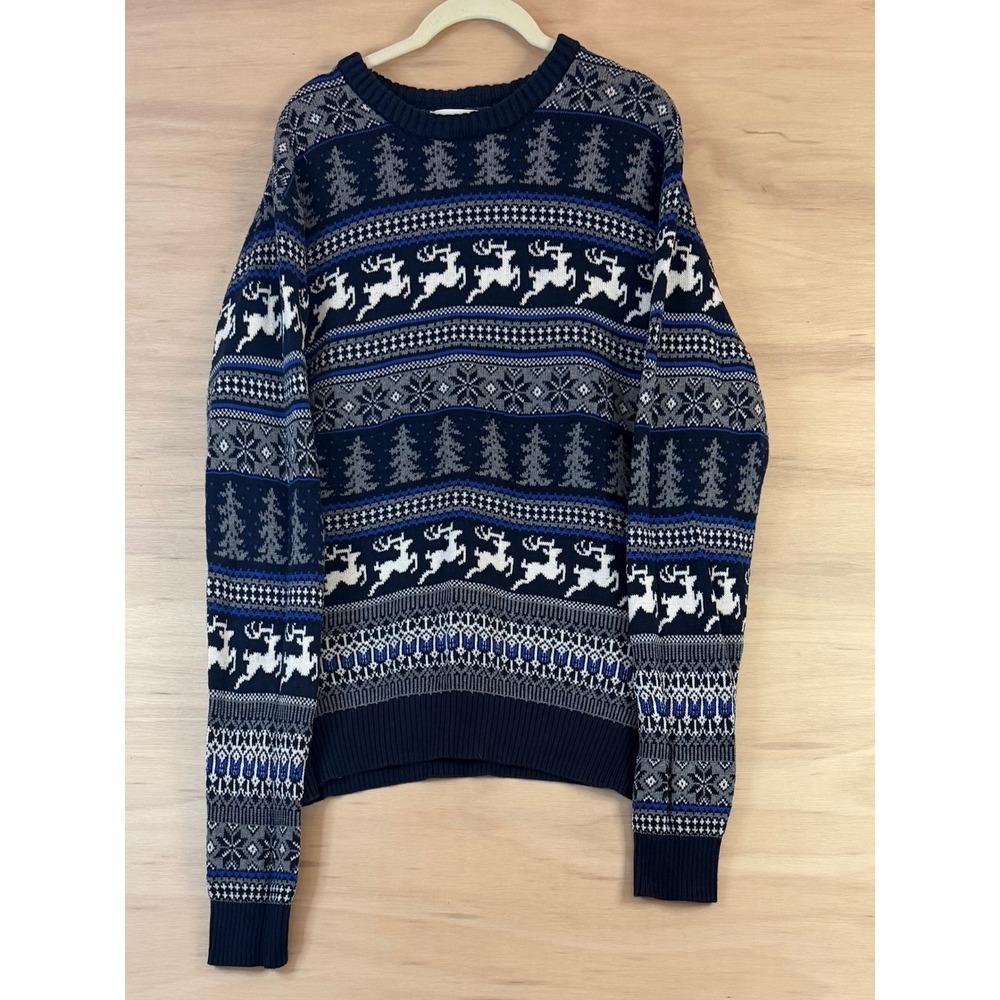 Aspen Mens Fair Isle Reindeer Pine Tree Cotton Knit Sweater Navy Blue Large